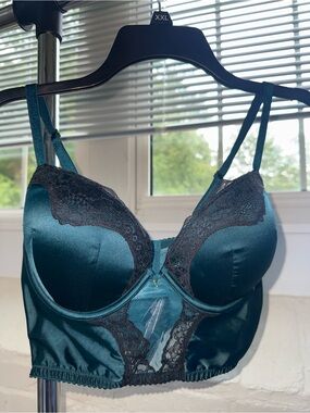 Victoria's Secret Very Sexy Teal Satin Longline Bra with Black Lace